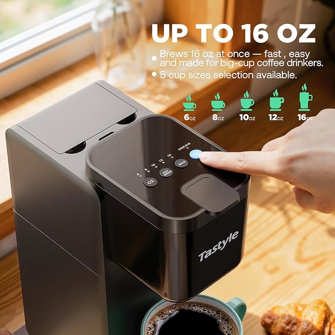 Single Serve Coffee Maker Hot and Iced with Bold Brew, Small Coffee Machine for K Cup and Ground, Fits 7.3'' Travel Mug, Brews up to 16 Oz, 5 Cup Sizes, for Office, RV& Hotel, Elegant Black