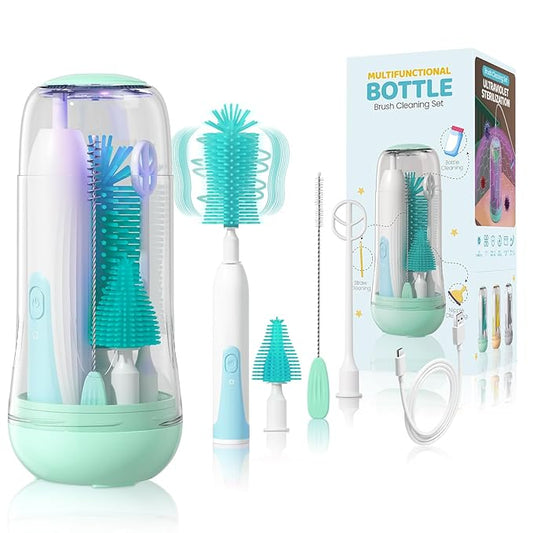IvyWind Electric Travel Baby Bottle Brush Set with Storage Box, Automatic Bottle Cleaner Brush Kit with Silicone Bottle/Nipple/Straw Brush, Milk Frother Electric and Drainage Rack, Rechargeable, Green
