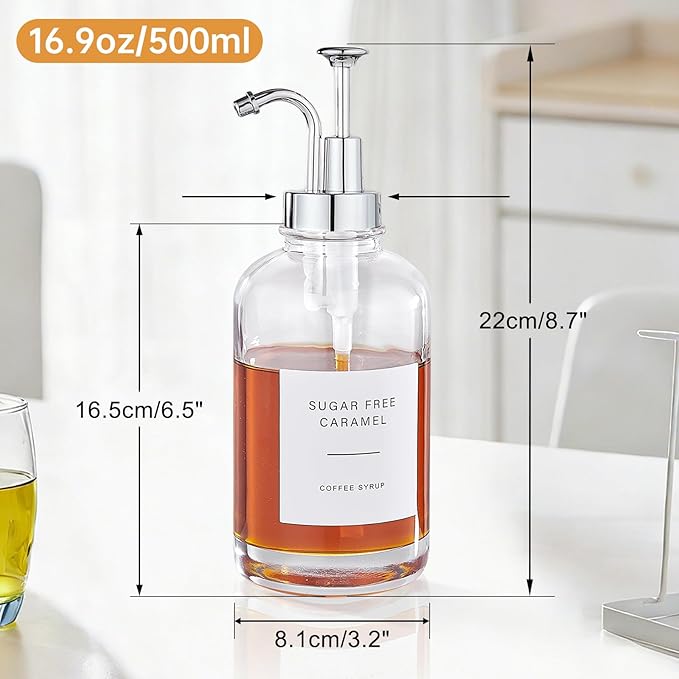 Coffee Syrup Dispenser Coffee Bar Accessories 16.9 oz Syrup Dispenser with Labels, Syrup Pump Dispenser for Coffee Bar(Silver Pump)