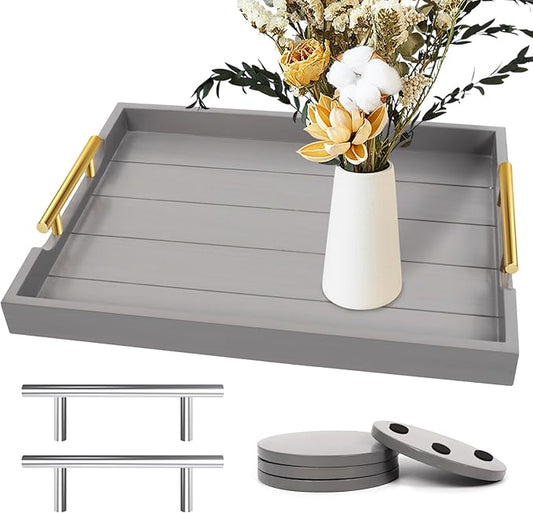 Wooden Serving Tray with 2 Sets of Handles,Large Ottoman Tray for Living Room, Rectangular Wood Tray for Coffee Table, Modern Farmhouse Kitchen Decor, 4 Round Coasters Included,Gray