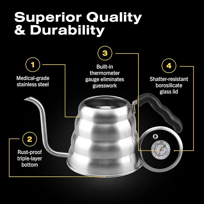 Bean Envy Pour Over Coffee Kettle, Small Gooseneck Kettle with Thermometer and Ergonomic handle, Pour Over Kettle Stainless Steel 40 Oz, Gooseneck Tea Kettle for all occasions.