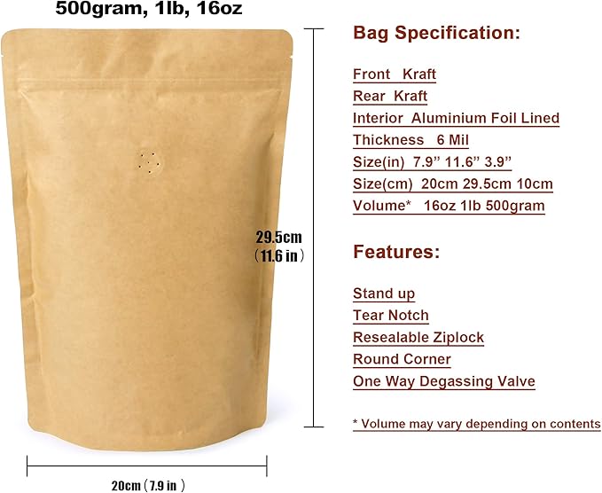 500g 16oz 1lb Kraft Paper Stand up Zipper Pouches Coffee Bags Coffee Pouches with Valve (Pack of 50)