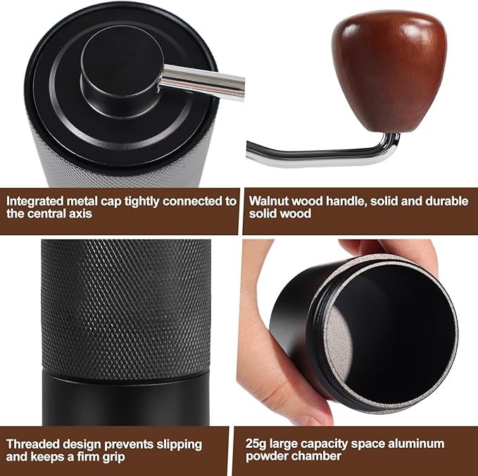 Manual Coffee Grinder Non-Detachable Stainless Steel Conical Burr Aluminum Coffee Bean Grinder with 25 Grinding Settings Cleaning Brush Grindable Espresso Moka Pot French Press for Camping Black