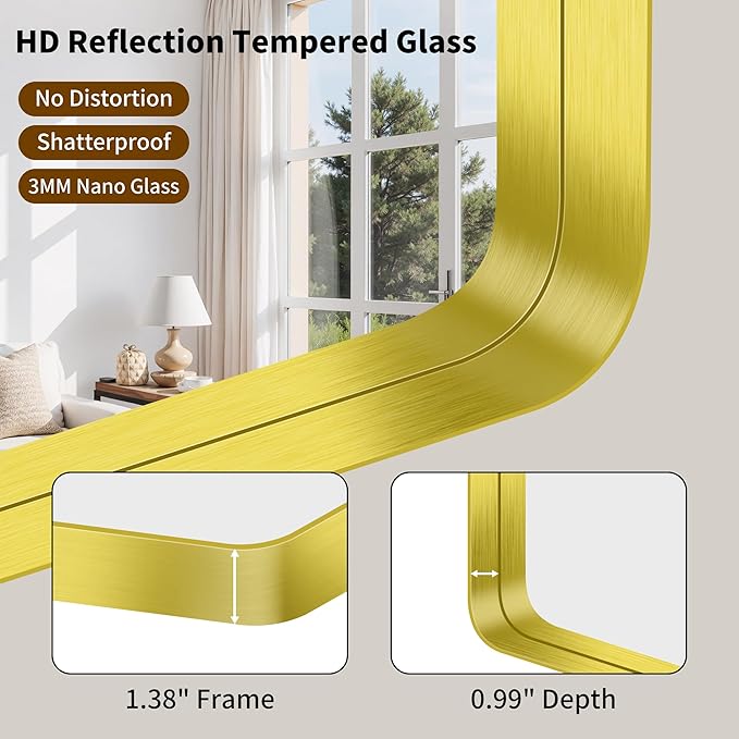 FORBATH 60x36 Inch Large Bathroom Mirror for Double Sinks, Brushed Gold Deep Frame Wall Mirror with Rounded Corners, Anti-Rust Tempered Glass for Modern Farmhouse Vanity (Horizontal/Vertical)