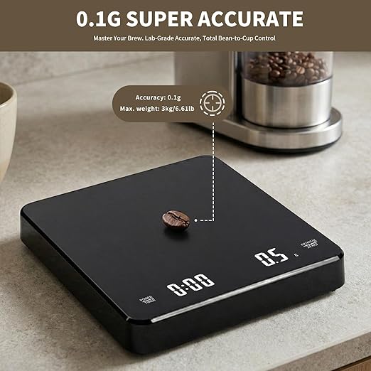 Coffee Scale with Timer 3kg/0.1g, High Accuracy Digital Kitchen Food Scale, USB-C Rechargeable Espresso Scale with Silicone Mat, Auto Timer & Auto Tare for Pour Over & Espresso Coffee (Black)