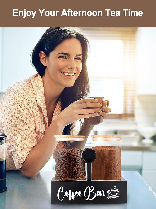2Pcs 49oz Large Capacity Glass Coffee Containers - BPA Free Storage Jars with Shelf Lids and Spoon for Coffee Bean Bar Station Kitchen Gift