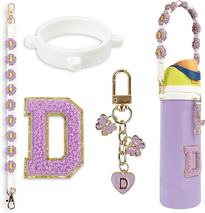 Compatible with Owala Water Bottle Accessories, Cute Letter Charm Set with Boho Handle Strap, Monogram Sticker, Silicone Ring, Keychain Decoration, for FreeSip 24 32 40oz, Owala Kids, Tumbler Gift