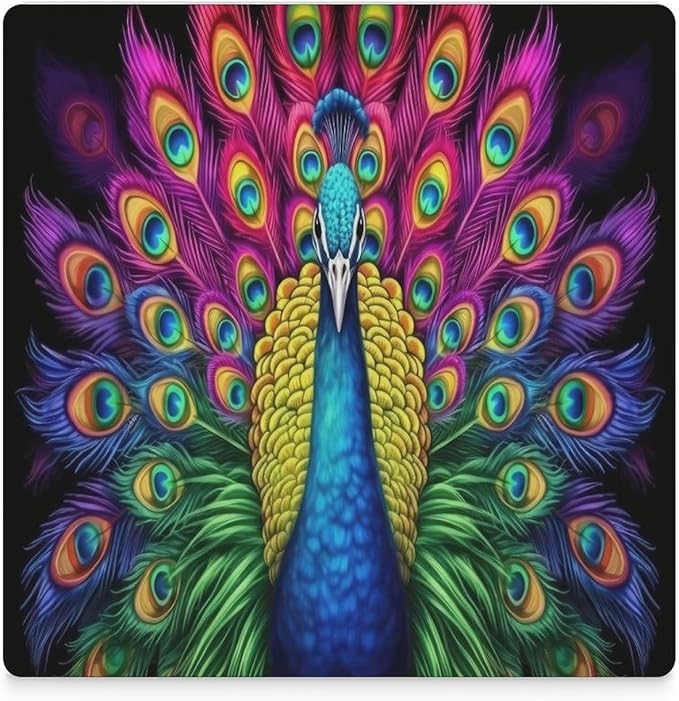 Peacock Drink Coasters, Square Ceramic Drink Coaster Square-6PCS, Vintage Country Beautiful Colorful Peacock Decor Absorbent Ceramic Coasters for Beverage Cup, Bar, Coffee Table