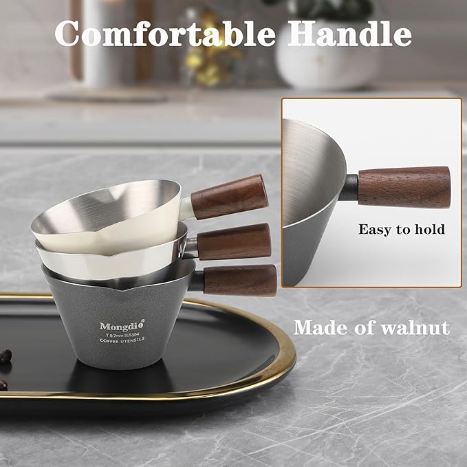 Mongdio Espresso Measuring Cup, Stainless Steel Espresso Shot Cups with Wooden Handle and Double Spouts, 3.4OZ/100ML, Black