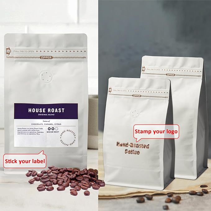 White Kraft Coffee Bags with Side Gusset, Resealable Stand-Up Coffee Pouches with Side Zipper, Degassing Valve for Coffee (Size: 5 x 7.75", 8oz/0.5lb, Pack of 100)