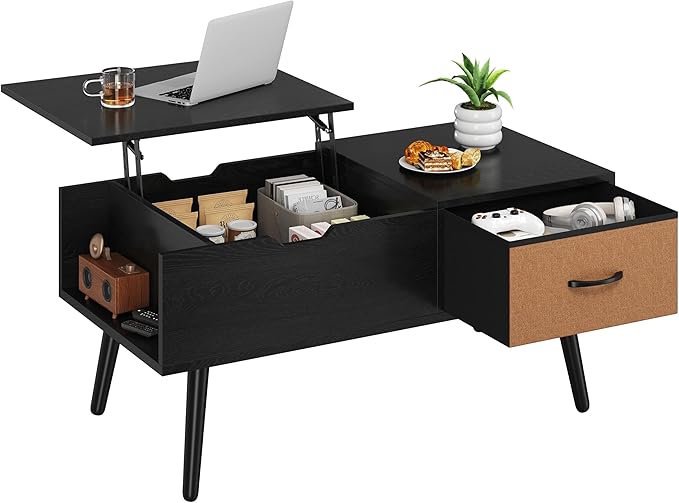 Yaheetech Lift Top Coffee Table for Living Room, Wooden Small Center Tables with Large Storage Shelf Drawer and Hidden Compartment Modern, Black