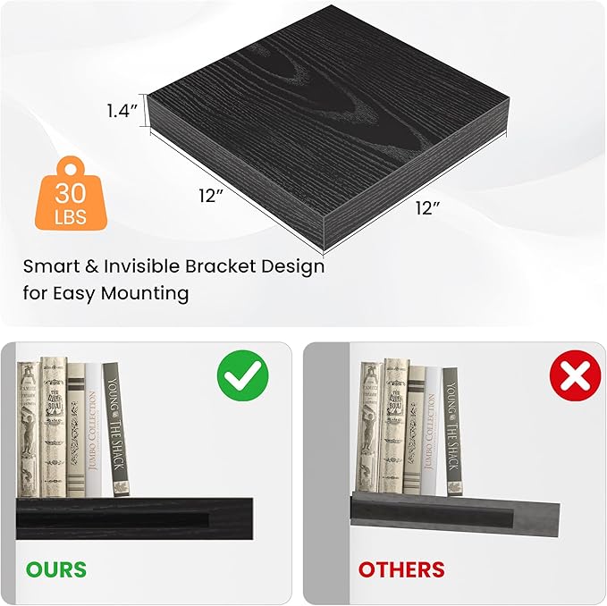 Square Floating Shelves for Wall, 12" W x 12" D x 1.4" H, Small Wooden Wall Mounted Display Shelves with Invisible Brackets for Living Room, Bedroom, Bathroom, Kitchen Decor, Set of 3, Black