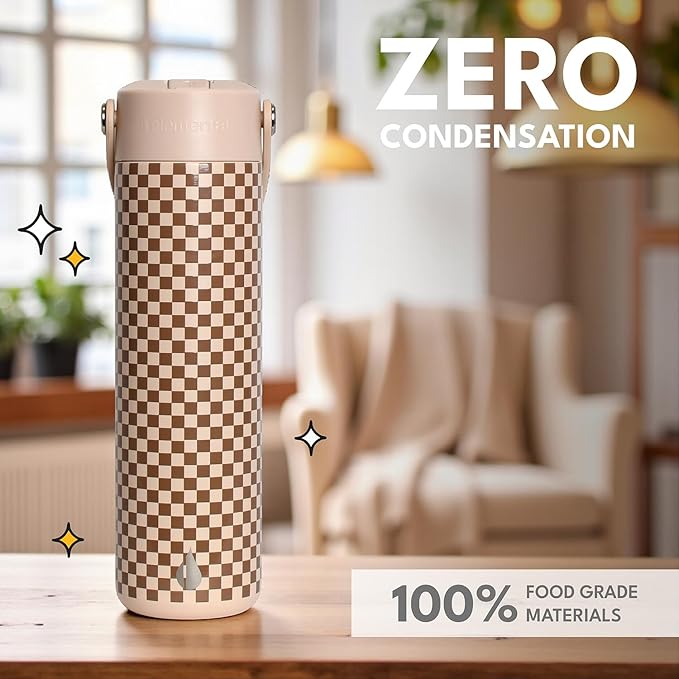 Elemental 24oz Insulated Water Bottle with Straw - 100% Leak-Proof Stainless Steel Core Water Bottles for Travel, Sports and Gym - Double Wall Insulation & BPA Free - Brown Check