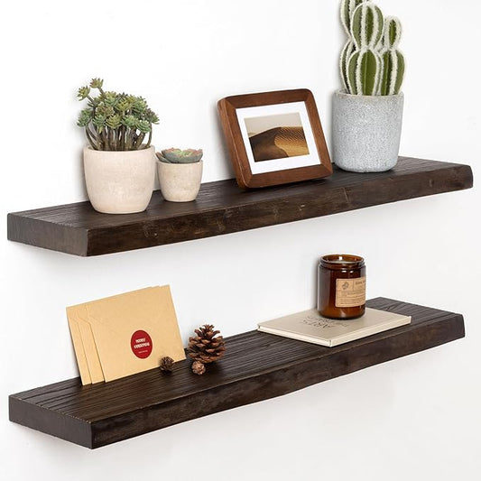 30 Inch Floating Shelves for Wall, Solid Elm Wood Live Edge Floating Shelves for Bedroom Living Room Bathroom, Wall Mounted Wooden Shelf with Invisible Bracket for Books Decor Storage, Walnut