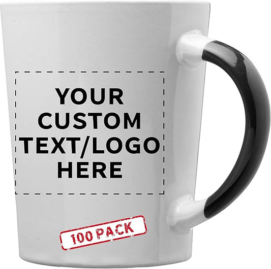 Custom Ceramic Latte Coffee Mugs by Albany 13 oz. Set of 100, Personalized Bulk Pack - Perfect for Coffee, Tea, Espresso, Hot Cocoa, Other Beverages - Black