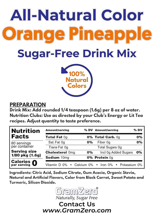 GramZero Orange Pineapple Zero Calorie Sugar Free Drink Mix, Great For Nutrition Club Loaded Tea, Stevia Sweetened