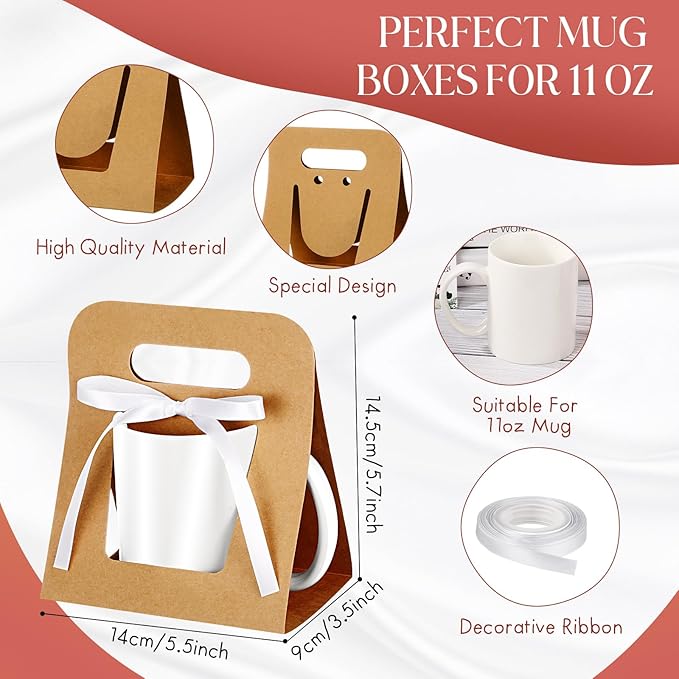 Motipuns 24 Pack Mug Boxes for Gifts 11 oz Coffee Mug Gift Boxes with 1 Roll Ribbon Sublimation Cups Packaging Bags for Sublimation Coffee Cups Blanks Wrapping(Brown)