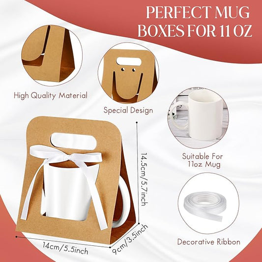 Motipuns 24 Pack Mug Boxes for Gifts 11 oz Coffee Mug Gift Boxes with 1 Roll Ribbon Sublimation Cups Packaging Bags for Sublimation Coffee Cups Blanks Wrapping(Brown)