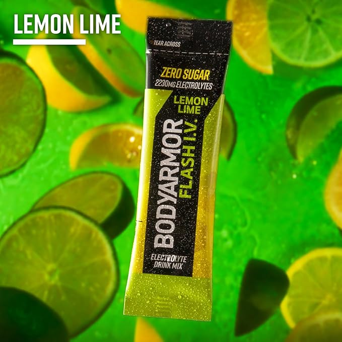 BODYARMOR Flash IV Electrolyte Packets, Lemon Lime - Zero Sugar Drink Mix, Single Serve Packs, Coconut Water Powder (6 Count) (Pack of 2)