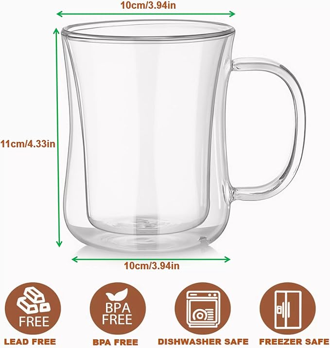 Double Walled Glass Coffee Mugs with Handles, 10 oz Clear Borosilicate Glass Slim Body Coffee Cup for Cappuccino, Tea, Latte,Milk,Wine, Hot and Cold Drinks