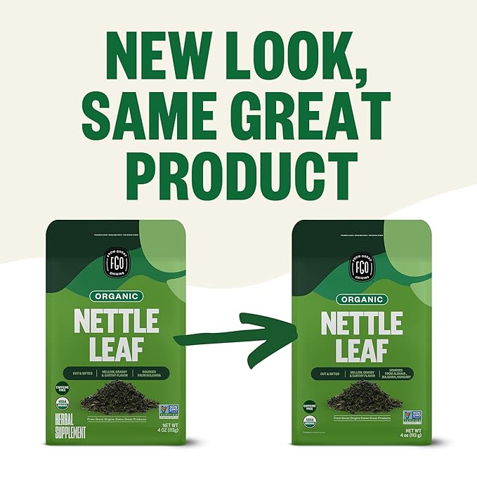 FGO Organic Nettle Leaf Loose Tea, Cut and Sifted, Caffeine Free, 4oz Resealable Bag, Packaging May Vary (Pack of 1)
