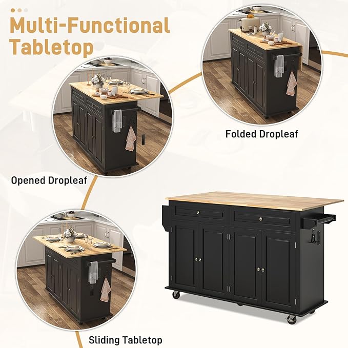 55" Movable Kitchen Island with Drop Leaf and Power Outlet, Rolling Cart with Storage Cabinet, Island Table on Wheels for Kitchen with 2 Drawers, Spice Rack, Towel Bar, Garage Hook, Black
