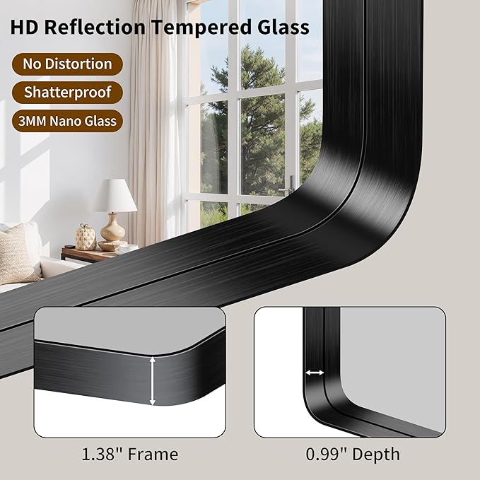 FORBATH 60x36 Inch Large Bathroom Mirror for Double Sinks, Brushed Black Deep Frame Wall Mirror with Rounded Corners, Anti-Rust Tempered Glass for Modern Farmhouse Vanity (Horizontal/Vertical)