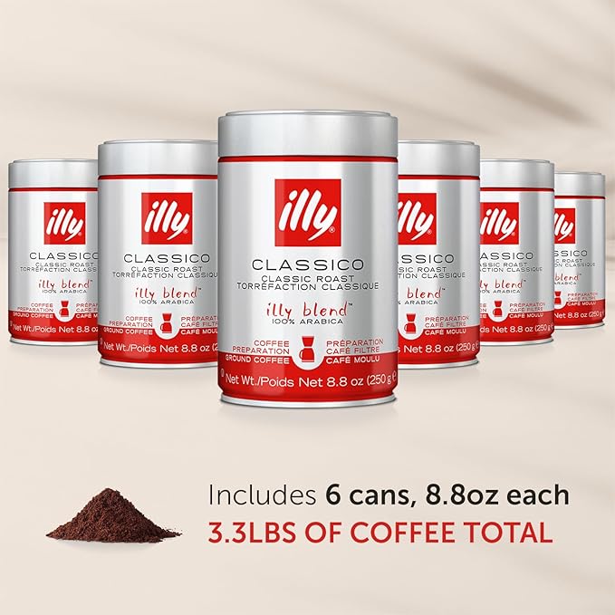 illy Ground Drip Coffee, Classico Medium Roast, 100% Arabica, Premium Italian Coffee, Pre-Ground for Drip Brewers, 8.8 oz, 6 Pack
