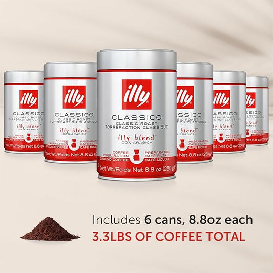 illy Ground Drip Coffee, Classico Medium Roast, 100% Arabica, Premium Italian Coffee, Pre-Ground for Drip Brewers, 8.8 oz, 6 Pack
