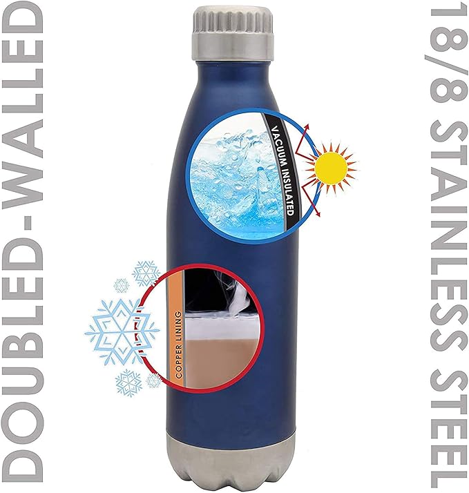 Sweat-free Stainless Steel Reusable Water Bottle (17 oz.) Vacuum Insulated Copper Lined Double-Wall | Keeps Liquids Cold for 24 hrs, Hot for 16 hrs | Eco-friendly, Portable, Leakproof | Vastigo (Navy)