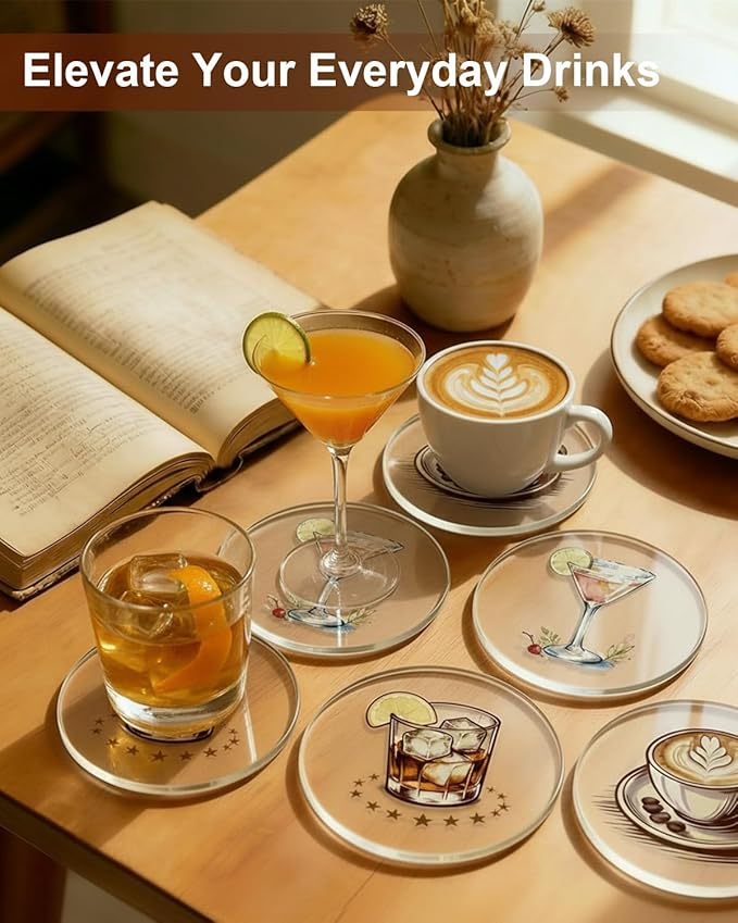 Acrylic Coasters Set of 4, Bar Drink Coasters for Cocktails, Whiskey, Coffee, Clear Modern Drink Coasters for Home Bar, Coffee Table & Office Desk, Cold Drinks, Office Decor, Non-Scratch & Easy Clean