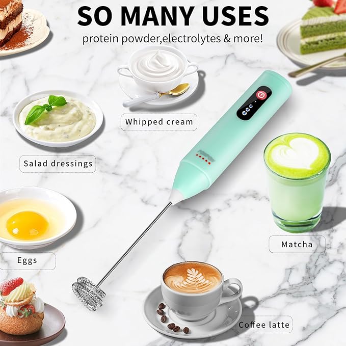 3-Speed Rechargeable Milk Frother for Coffee, Baking & Eggs - USB Fast Charging, Portable Frother Wand for Perfect Foam Every Time! (Light green, 3-Speed & USB Rechargeable)