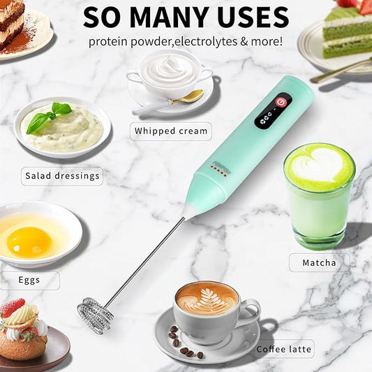 3-Speed Rechargeable Milk Frother for Coffee, Baking & Eggs - USB Fast Charging, Portable Frother Wand for Perfect Foam Every Time! (Light green, 3-Speed & USB Rechargeable)