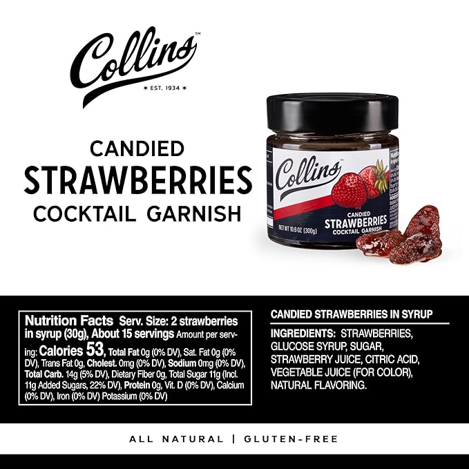 Collins Strawberries in Syrup, Cocktail Garnish for Daiquiris, Sours, Champagne, Desserts and Baked Goods, Garnishing Syrups, Home Bar Accessories, Candied Strawberry, 10.6 oz, Set of 1