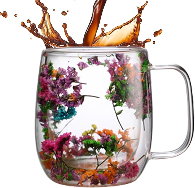 Dried Flowers Insulated Glass Double Wall Coffee Mug With Handle 250ml/390ml Transparent Double Glases Flower Tea Cup Latte Coffee Cup Borosilicate Glass Tea Mug