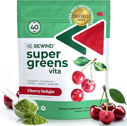Rewind Best Tasting Super Greens Powder with 40+ Superfoods – Delicious Daily Green Powder with Vitamin B12, Zinc, Vitamin C, Magnesium & Calcium – Green Juice Superfood Mix - Cherry Flavor