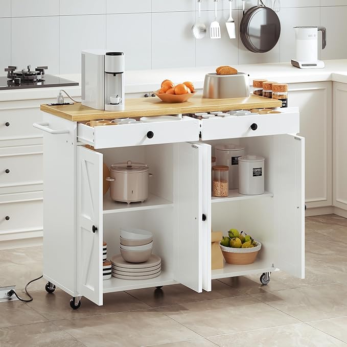HOOBRO Kitchen Island with Power Outlet,43.3" Rolling Kitchen Island with Storage, Rolling Cart with Spice Rack and Hooks, for Dining, Living Room, White and Natural WN11UZD01