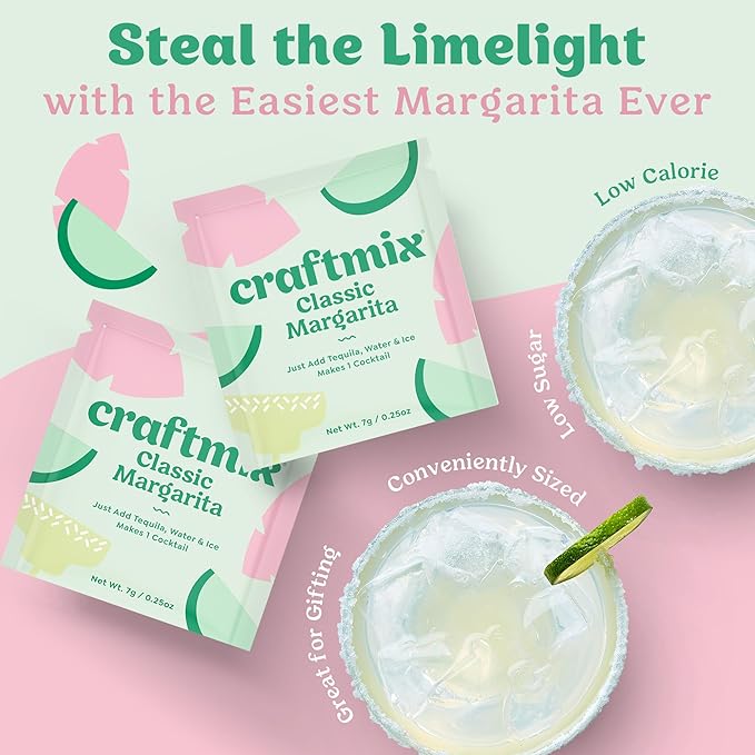 Craftmix Classic Margarita Cocktail & Mocktail Drink Mixer, Skinny Mixes - Water Flavoring Packets - Made With Real Fruit - Vegan, Low-Carb, Low-Sugar, Non-GMO, Dairy Free, Gluten Free, 24 Pack