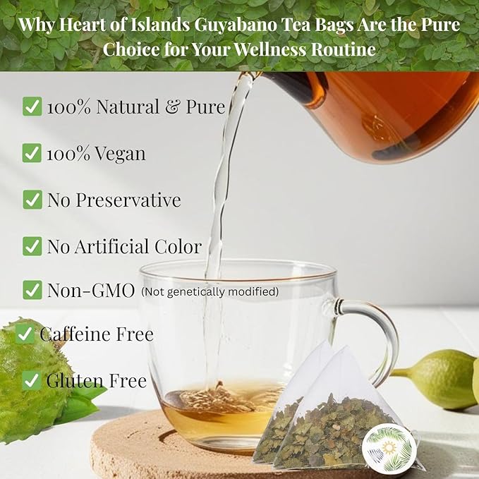 Heart of Islands KOSHER & HALAL Certified Soursop Tea Bags (2g Each) – Premium Guyabano (Graviola) Leaves from the Philippines – Organic Herbal Tea Bags Caffeine Free with Zero Calories 15 Count - Pack of 1