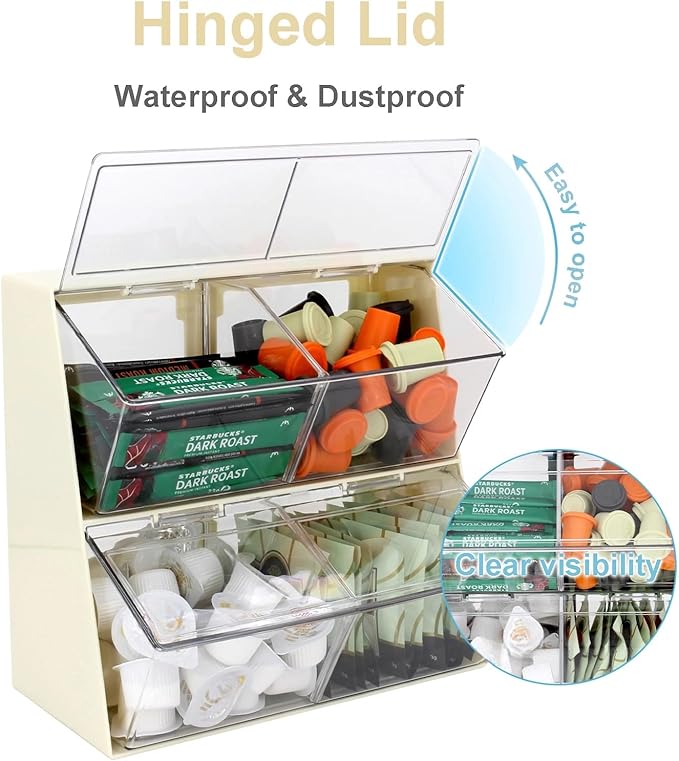 Bokelai Creamer Holder Plastic Tea Bag Organizer with Lid Large Capacity K Cup Countertop Organizer Versatile Desk Storage Station for Capsule Suger Pods Face Mask Cream/Clear