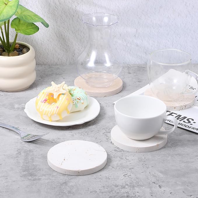 Marble Coasters Set of 4, Natural Travertine Stone Drink Coasters Round Modern Stone Cup Mat 4 Inch with Non-Slip Cork Backing Housewarming Gift for Wedding Christmas Anniversary Present