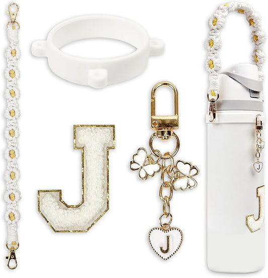 Compatible with Owala Water Bottle Accessories, Cute Letter Charm Set with Boho Handle Strap, Monogram Sticker, Silicone Ring, Keychain Decoration, for FreeSip 24 32 40oz, Owala Kids, Tumbler Gift