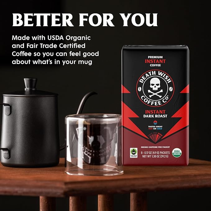 Death Wish Coffee Instant Dark Roast Coffee Packets, Bold & Intense Blend of Arabica & Robusta Beans, USDA Organic, 64 Count