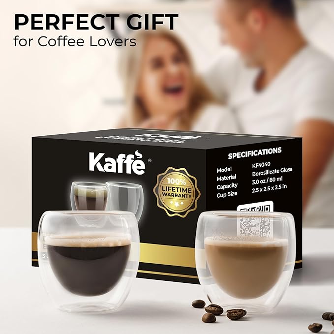 Kaffe Double Wall Insulated Glass Coffee Cups (2 x 3oz) - Small Clear Espresso Shot Glasses - Heat Resistant Insulated Borosilicate Glass Mugs for Warm Beverages, Capuccinos, Teas, Lattes
