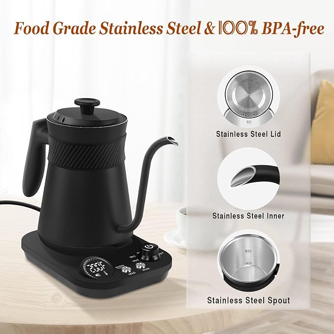 Secura Electric Gooseneck Kettle, 5 Variable Presets for Coffee Tea Brewing, 100% Stainless Steel Inner Tea/Coffee Kettle with 1.5H Keep Warm, 1200 Watt Quick Heating Pot, 0.8L, Matt Black