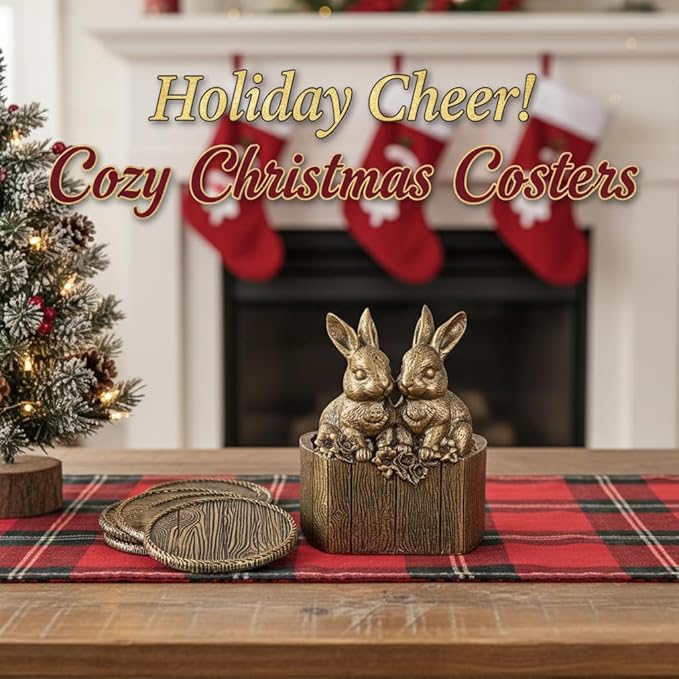 Cabin Coasters Set 6 Full Size Non-Slip Bar Coasters, Indoor Christmas Decorations, Man Cave Gifts for Men, Rustic Handmade Decor for The Home (Rabbit)