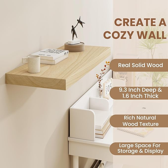 Fun Memories Deep Floating Shelves 30 Inch Long, Natural Wood Floating Shelf for Wall, Set of 2, Rustic 9 Inch Deep Wall Shelves, Deep Bathroom Shelves for Storage & Display, Burlywood