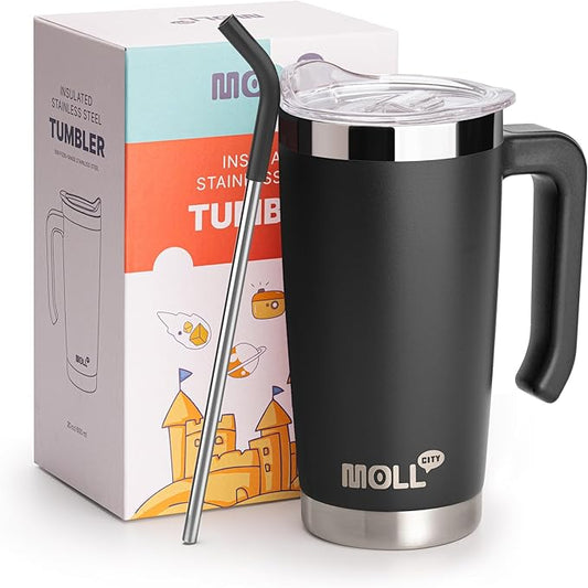 Kids Tumbler with Handle-20 oz Stainless Steel Double Wall Vacuum Insulated Tumbler Cups with Leakproof Slide Seal Lid and Straw, Travel Coffee Mug with Silicone Pad Non Slip (Black)