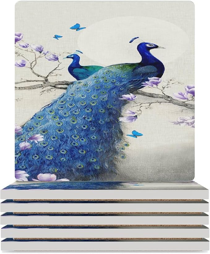Square-6PCS Peacock Drink Coasters, Square Modern Ceramic Absorbent Coasters, Vintage Style Beautiful Blue Peacock Floral Decor Desk Coffee Table Coaster for Beverage Cup Tea Coasters