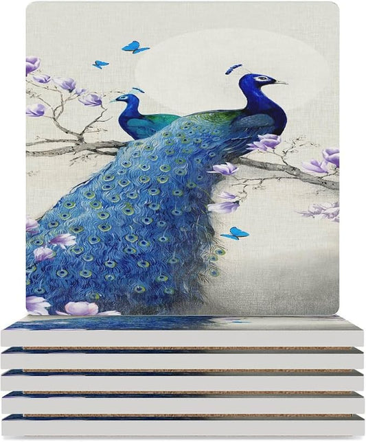 Square-6PCS Peacock Drink Coasters, Square Modern Ceramic Absorbent Coasters, Vintage Style Beautiful Blue Peacock Floral Decor Desk Coffee Table Coaster for Beverage Cup Tea Coasters